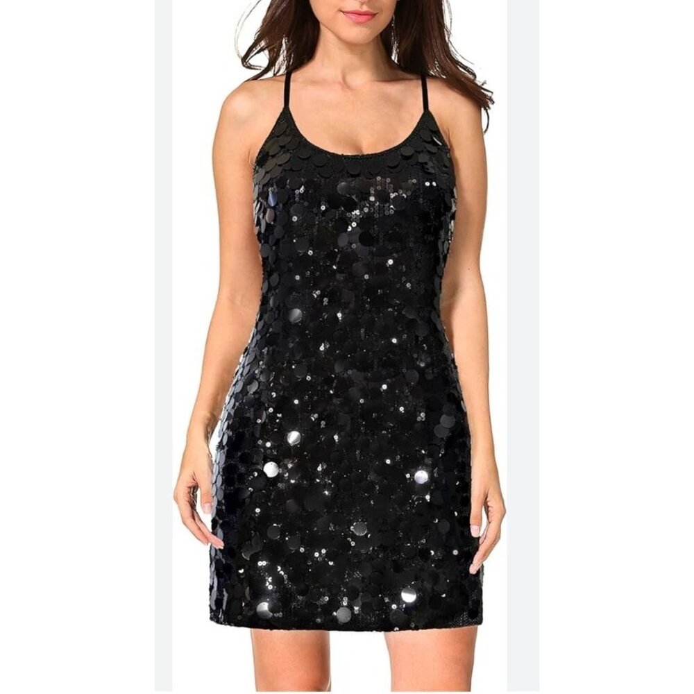 Maner Womens Glitter Sequin Dress Adjustable Spaghetti Straps Size Large Party